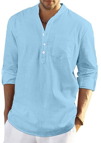 LVCBL Camisa Henley Hombre Lino Y Algodón Manga Larga con Botones Casual M-3XL