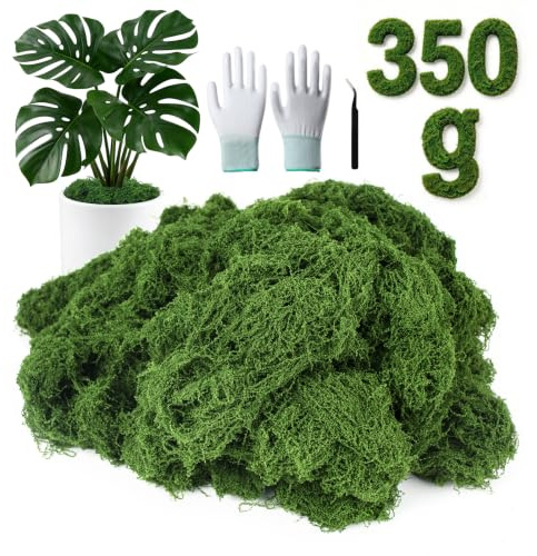 MGLIFEUL 350g Realistic Artificial Fake Moss for Indoor Plant Pots | With Gloves and Tweezers,Faux Preserved Moss for Crafts Indoor Planters Fairy Garden Outdoor Home Decorating Model Making