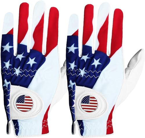 Golf Gloves Men Right Handed Golfer Left Hand with Ball Marker 2 Pack Leather Breathable Comfortable Weathersof Grip Size Small Medium ML Large XL (White&USA Flag, M/Large(Worn on Left Hand))