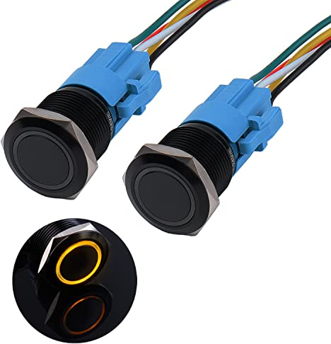 JIQI 2 × 19 mm tryckbrytare 12 V till 24 V 3 A vattentät spärrbrytare av aluminiumlegering IP66 1NO1NC förkopplade låsande svarta tryckknapp med LED-ljus för motorcykel, båt, lastbil, RV (gul)