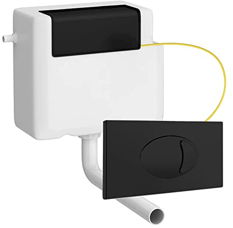 Dual Flush Concealed Cistern with Matt Black Push Button Cable & Pipe | Front & Top Access Cistern | Modern Bathroom Universal Water Saving Dual Function Cistern with Black Plastic Lid - 400 g