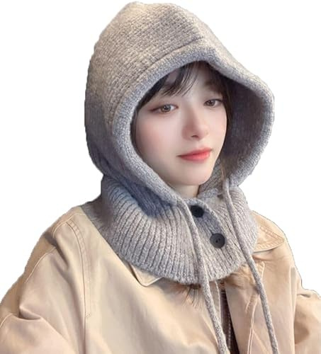 WITHMOONS Scarf Infinity Hood Winter Hat - Womens Neck Warmer Balaclava - Ribbed Knitted Hoodie Skull Cap Beanie with Drawstring YZX0230 (Grey)