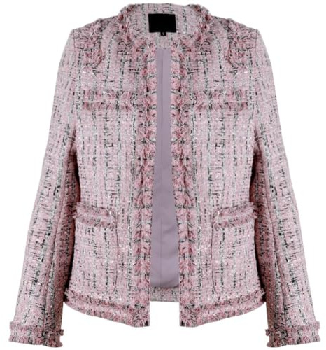 Leyoutx Damen Kragenloser Plaid Tweed Blazer Elegant Open Front Fransen Casual Business Glitzer Jacke, Pink, L