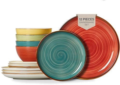 ONEMORE Juego de platos y cuencos, vajilla de porcelana apta para microondas, horno y lavavajillas, resistente a los arañazos, vajilla de cerámica para 4 (12 piezas)