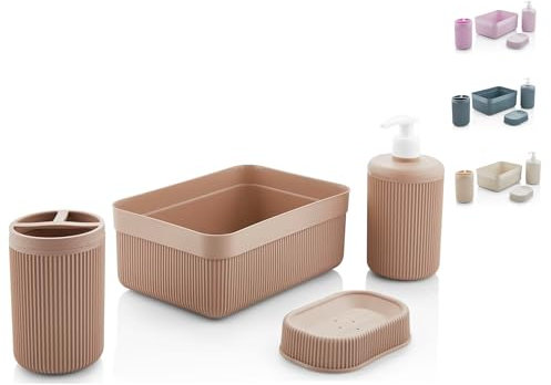 Set bagno accessori completo Akitaink - Kit 4 Accessori include dispenser sapone, portasaponetta, portaspazzolino, vassoio - Eleganti e Funzionali per il Tuo Bagno Colori assortiti
