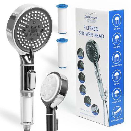 Casa Donostia Alcachofa de Ducha con Filtro Antical | Cabezal de Ducha Alta Presión 6 Modos | Filtro de Algodón PP para Cloro y Sedimentos | Apto para Piel Sensible | 2 Filtros Repuesto y Cepillo