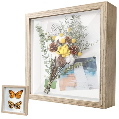 Cadre Photo 3D, Cadre Photo Profond à Remplir 20 x 20 cm, avec Plaque Acrylique Transparente, Cadre Objet 3D Profond 3cm, Cadre Stéréoscopique Carré, Décoration Murale Stéréoscopique, Couleur du Bois