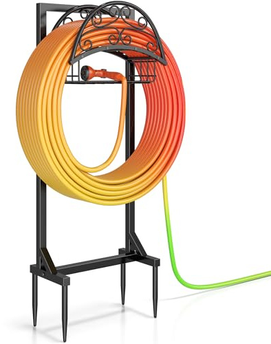 Silvonte Garden Hose Holder – Freestanding Water Hose Holder with Storage Basket, Sturdy Metal Hose Stand and Hanger, Heavy-Duty Garden Hoses Storage Rack for Outside, Supports 151FT
