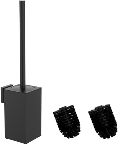 Mozmmhi Escobilla de inodoro de acero inoxidable 304, juego de escobillas para inodoro con montaje en pared y soporte para escobillas, incluye 2 cabezales de cepillo (negro cuadrado)
