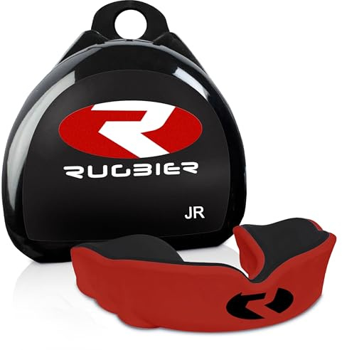 RUGBIER - Protector Bucal Rugby - Dual Gel Termo Moldeable - Talla Adultos y Niños - Unisex - Protección Dental Avanzada (ROJO/NEGRO, JUNIOR)