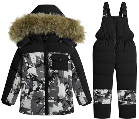 JiAmy, Tuta da neve per bambini con cappuccio, invernale, piumino e pantaloni da neve, tuta da sci ultraleggera, 2 pezzi, 18-24 mesi