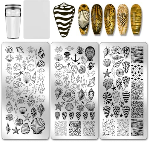 PH PandaHall 3pcs Plaques D'Estampage pour Ongles Coquillage Modèles D'Art D'Ongle Créature Marine Étoiles de Mer Sirènes Pochoir D'Art D'Ongles Plaques D'Image pour Manucures Bord de Mer D'Été Salon