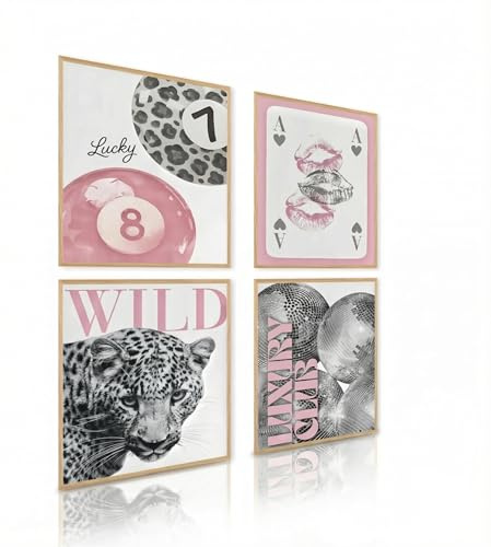 Leinwanddruck, Leopardenmuster, Rosa, Gepard, trendige Bilder, schick, Luxus, Y2K, trendige Poster für Teenager, Mädchen, Wohnheim, ohne Rahmen, 40 x 60 cm, 4 Stück