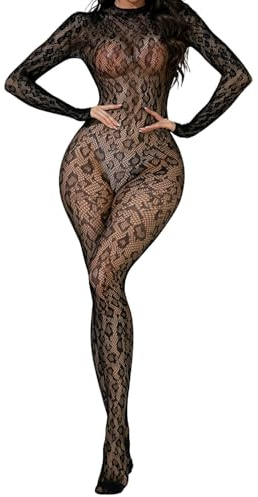 ROSVAJFY Lencería Mujer Bodystocking Sexy Leopardo Body Una Pieza Transparente con Manga Larga Malla Elástico para Ropa Interior Dormir Catsuit Mono Teddy Babydoll con Medias Negro XS-XL (Negro2)