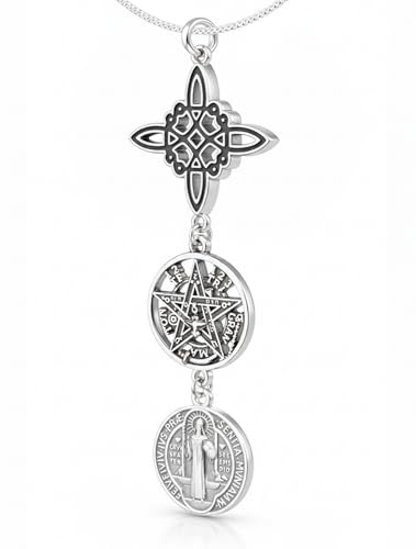 NUDO DE BRUJA Y TETRAGRÁMATON Collar Doble Protección colgante Triple medalla de San Benito, Plata de Ley 925 Rodiada, Cadena de 45 cm (Triple Protección)