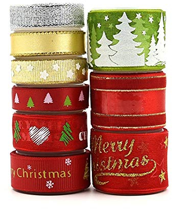 Pveath Weihnachtsbänder 9 Rollen Rot/Silber/Gold/Grün Geschenkbänder Ripsband Bandstreifen Glänzendes Geschenk Kuchenverpackung Weihnachtsdekor Bandriemen Trim Haarband Nähen