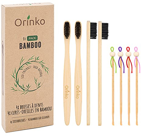 ORINKO® Cepillos de Dientes de Bambú x4 + Bastoncillos de Oídos x4 - Cepillo Dental Ecológico y Palillos Reutilizables para Quitar Cera - Higiene Natural para Boca y Oídos Sensibles