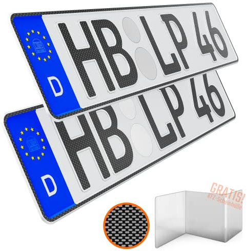 L & P Car Design KFZ Kennzeichen 2 Stück 46cm x 11cm in Carbon Optik Nummernschild 460mm x 110mm Wunschkennzeichen DIN Autokennzeichen Fahrradträger Anhänger LKW Wunschprägung amtliches Autoschild