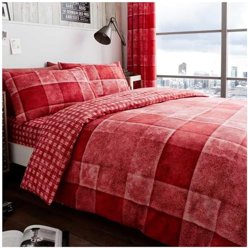 GC GAVENO CAVAILIA Denim Tartan Check Kingsize Bed Duvet Cover Set, Red | Luxury Hypoallergenic Breathable Tartan Checked Kingsize Bed Bedding Sets Soft Reversible Checkered Quilt Cover Bed Set