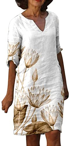 Leinenkleid Damen Sommer V-Ausschnitt Kurzarm Sommerkleid Damen Knielang Leinenkleider Baumwolle Leinen Blusenkleid Casual Drucken Freizeitkleid Strandkleider Boho Kleid A-Linie Kleid