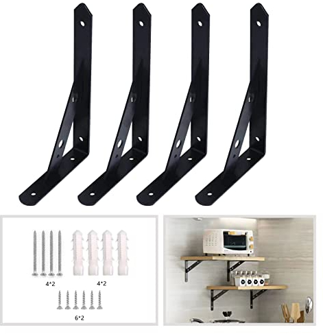 4 Stück regalwinkel schwarz metall,250mm regalhalterung schwarz mit Schrauben,winkel regalträger Stahl massiv,Schwerlastwinkel regalhalter,Schwerlastkonsole winkel regal für wandmontage (10INCH)