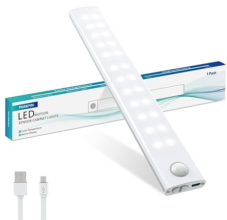 Forepin Unterschrank-Küchenlichter, 40 LED-Bewegungsmelder, Schrankleuchten mit Magnetstreifen, 20 cm, wiederaufladbar, 3 Farbtemperaturen, dimmbar, Nachtlichter für Schrank, Treppen, Kleiderschrank