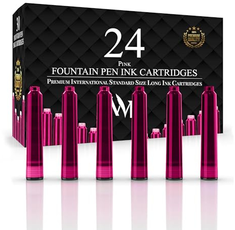 Wordsworth & Black 24 Pack Fountain Pen Ink Refills - Set of 24 Pink Ink Cartridges - International Standard Long Size - Length APPR 2.3 - Base Diameter APPR 0.24 - Disposable and Generic