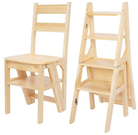 mosegor Marchepied de bibliothèque à 4 marches en bois massif pliable pour adultes et enfants, chaise à double usage pour la maison, la cuisine, le bureau, marche pliable, présentoir de fleurs