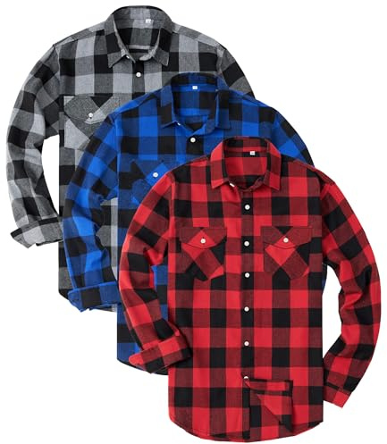 Kinglaman 3 Pack Mens Flannel Shirt Long Sleeve Plaid Shirts Casual Button Down Buffalo Plaid Checkered Cotton Jacket 1 Black-red 1 Black-Blue 1 Black-Gray Large