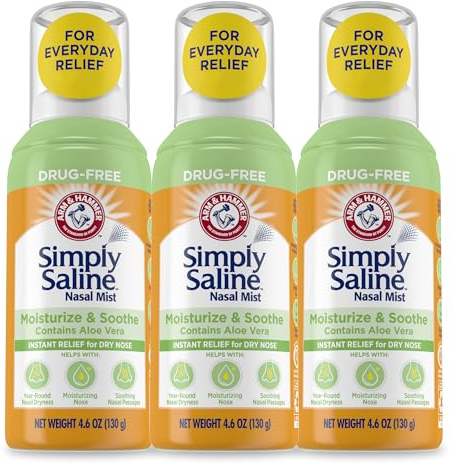 ARM & Hammer Simply Saline Moisturize & Soothe Nasal Mist, Drug-Free Moisturizing Saline Nasal Spray for Instant Relief for Dry Nose, 4.6 Oz (130 g), 3 Pack