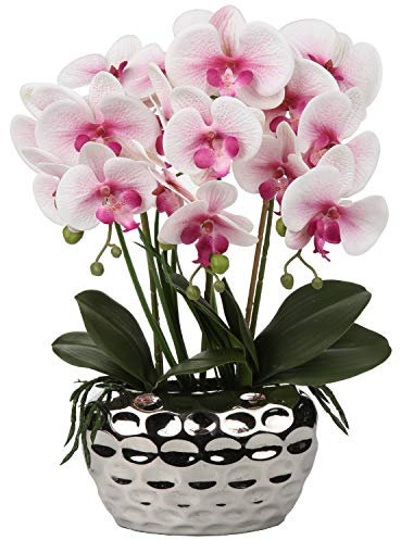 Oairse 44CM Orchid Artificial Flowers Pink Orchid Flowers in Silver Ceramic Pots Real Touch Silk Flower Large Faux Phalaenopsis for Home Kitchen Office Living Room Table Centerpiece Decoration