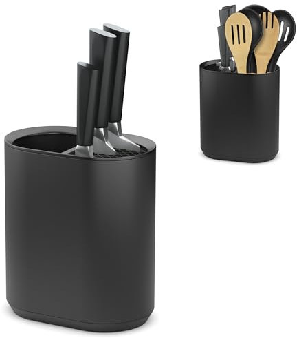 KOOK TIME Porta Mestoli e Ceppo Coltelli da Cucina, Porta Utensili Moderno in Plastica Nero Opaco, Organizzatore per Coltelli e Mestoli, Design Compatto e Elegante