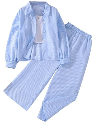 Vuncio Ensemble Ete Enfant Fille Chic Pas Cher Ample Tailleur Pantalon Jambe Large et Chemise Manche Longue Ado Fille Confortable Mignon Habillée a la Mode Casual Vacances 8-13 ans