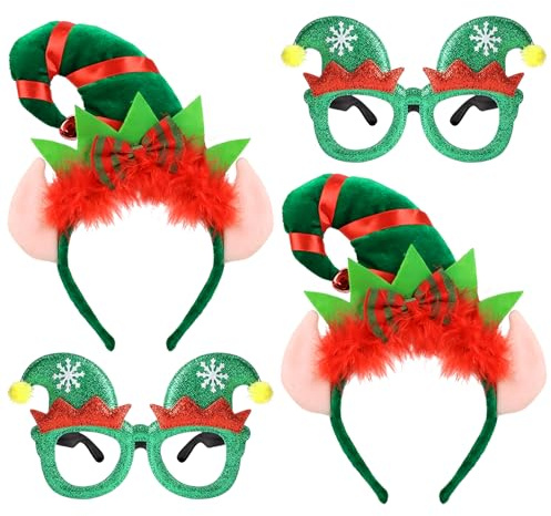 DVOFU 4Pieces Christmas Elf Hat Headband and Eyeglasses Cute Bell Hairband with Ears Elf Costume Accessory for Adult Santa Party Carnival