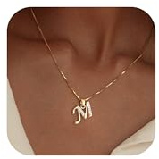Fglqfam Gold Initial Necklace for Women, 14K Gold Plated Box Chain Letter Pendant, Trendy Name Necklace, Dainty Personalized Jewelry Gift for Her (M)