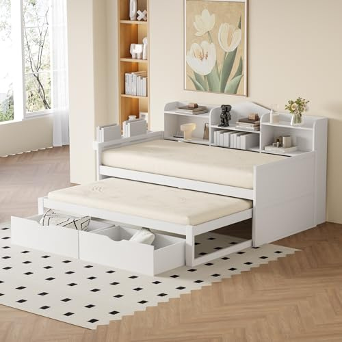 Kelodan Sofá cama 90 x 200 cm, cama nido 90 x 190 cm, dos cajones, compartimento grande, cesta de almacenamiento, enchufe USB, cama individual de madera, color blanco