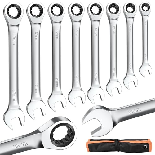 Ordriv Ratchet-Spanner Set 8–19mm Metric 8 Piece 72-Tooth Fine Ratcheting Combination Spanner Set, Chrome Vanadium Steel with Roll-Up Storage Pouch for Mechanics, Garage & DIY Use