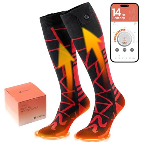 SURGOAL Electric Socks, 14-Hour Runtime & 2 * 10000mAh Rechargeable Heated Socks for Men, Rechargeable Battery Socks Women, Heated Ski Socks for Winter, Hunting, Skiing, Snowboarding, Work (Red)