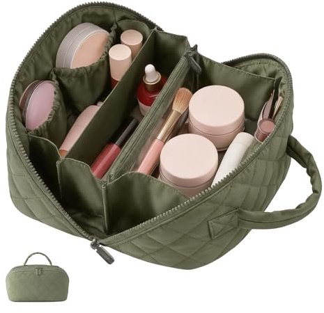 2026 New Travel Makeup Bag, Wide Open Lay-Flat Cosmetic Bags for Women, Waterproof Spacious 180° Open Make Up Organiser Bag for Toiletries & Brushes Large Capacity with Compartments (Green)
