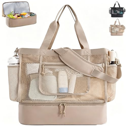 LUCKIUP strandväska för kvinnor, termisk strandväska med dragkedja, vattentät nylon för strand, resor, daglig pool, lättviktig shoppingväska för livsmedelsbutik, khaki, XXL