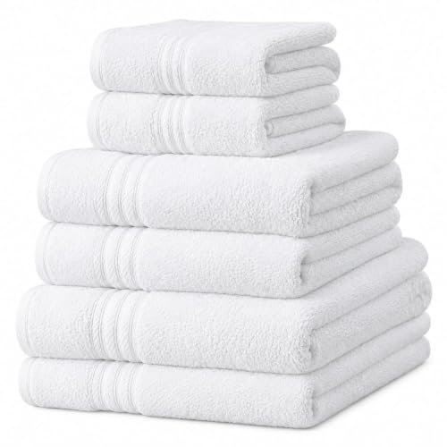 Super Soft Towel Set 6 Piece Bale White, 100% Cotton Lint Free Bath Sheets 96x180cm, Hand Towels 50x78cm, Face Towels 28x28cm, Hotel Quality Highly Absorbent Quick Dry Towels for Home, Pool, Spa & Gym