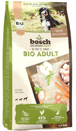 bosch HPC BIO | Adult Hühnchen & Apfel | Hundefutter für ausgewachsene Hunde aller Rassen | 100 % landwirtschaftliche Rohstoffe aus nachweislich biologischem Anbau | 1 x 1 kg