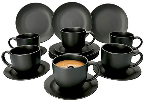 MamboCat 18-teiliges Kaffee-Service Lampart Nero I modernes Steingut-Geschirr-Set für 6 Personen - im modernen Ethno-Stil I Tassen Unterteller Kuchenteller I Kaffeeservice 6 Personen Schwarz matt