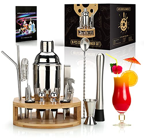 exreizst Ensemble de Shaker à Cocktail de 25 oz, 16 pièces Kit de Barman de mixologie avec Support en Bambou - Kit de Barman Professionnel - Ensemble d'outils de Bar à Domicile pour Boire