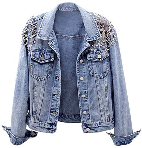 Kedera Damen Jeansjacke Langarm Westernnieten Nieten gewaschene Perlen Kurz Jeansmantel, Blau, X-Large