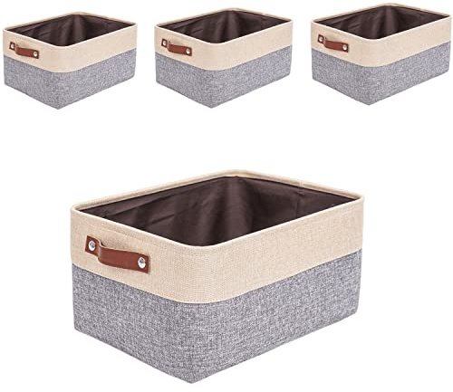 Mangata Fabric Storage Boxes, Thickened Canvas Storage Baskets with Handle for Shelves, Clothes Toys(L, Grey/Beige, without Drawstring,4 Pcs)