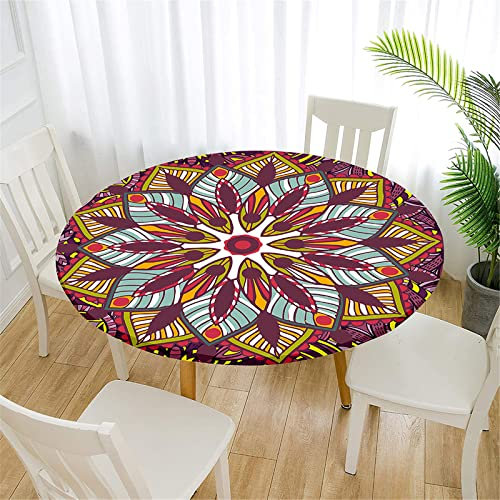 FANSU Retro Mandala Runde Tischdecke Elastisch Abwaschbar für Draußen Rund Tischdecken Wasserdicht Tischdecken Lotuseffekt Tischtuch für Outdoor Garten (Durchmesser 130cm,Lila Blätter)