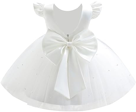 Infant Baby Girls Wedding Flower Girl Dress Ruffle Sleeve Satin Pearls Tulle Tutu Dress Bowknot V Back Pageant Party Birthday Formal Gown Baby Girl Christening Baptism Dresses White 12-18 Months