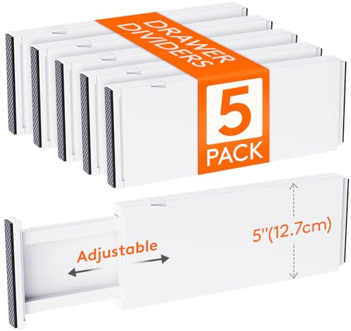 Lifewit Divisores de Cajones de 34-50cm Ajustable, Altura 12.7cm, Organizador Armario para Ropa/Utensilios/Maquillaje, Blanco Separador para Cocina/Escritorio/Tocador Almacenamiento, 5 Paquetes