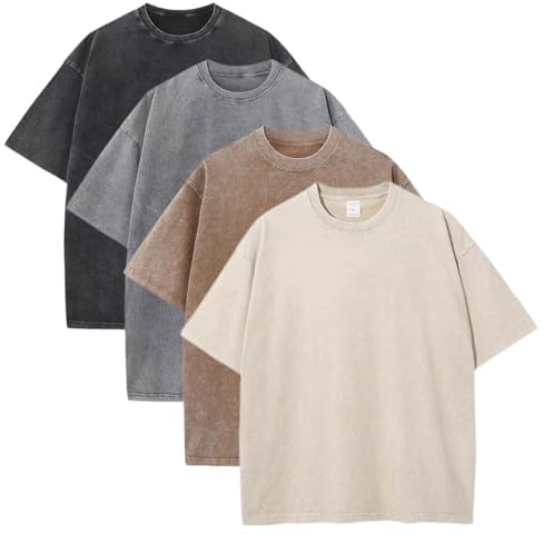 Sumleno 4 Pack Men's Summer Oversized T-Shirts Unisex Vintage Baggy Heavy Cotton Tee Short Sleeve Loose Solid Casual Tops (Black+Grey+Khaki+Beige,L)